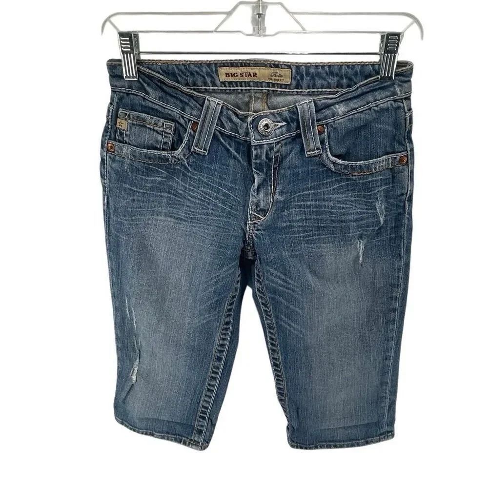 Big Star Women's Zip Fly Distressed Bella Mid-rise Denim Capri Jeans Blue Sie 26